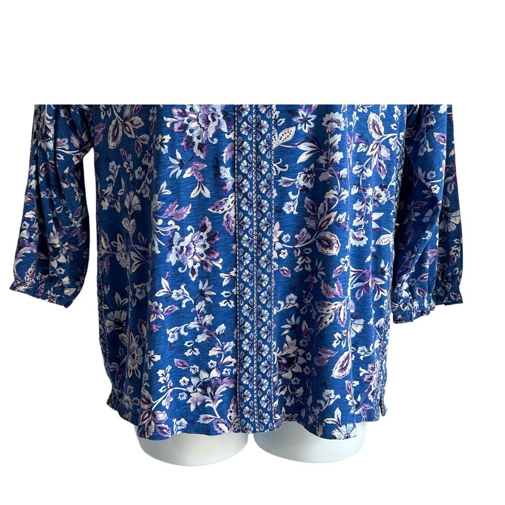 J. JILL BLUE FLORAL SPLIT V-NECK BLOUSE BOHO BORDER PRINT WOMENS LARGE TALL - Picture 6 of 11